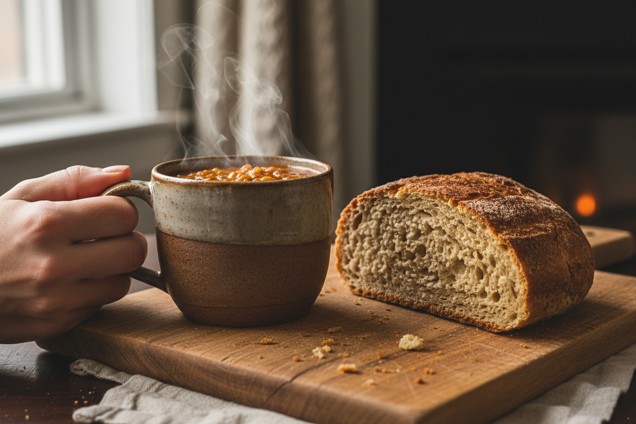 Soup and beer bread made with Flour and Dough Beer Bread Baking Mix NZ winter comfort food