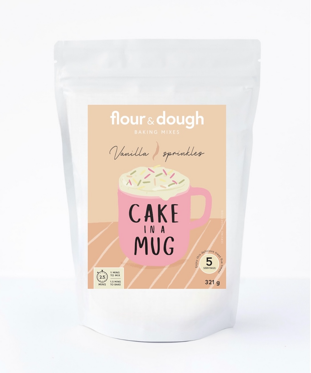 flour and dough cake in a mug baking mix