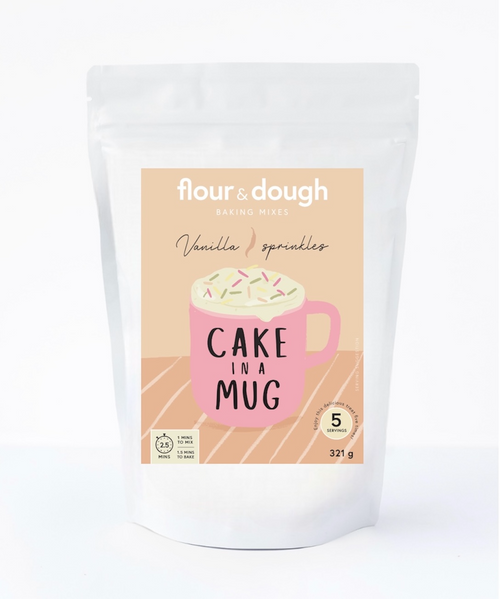 flour and dough cake in a mug baking mix