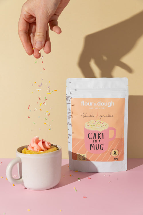 flour and dough mug cake sprinkles
