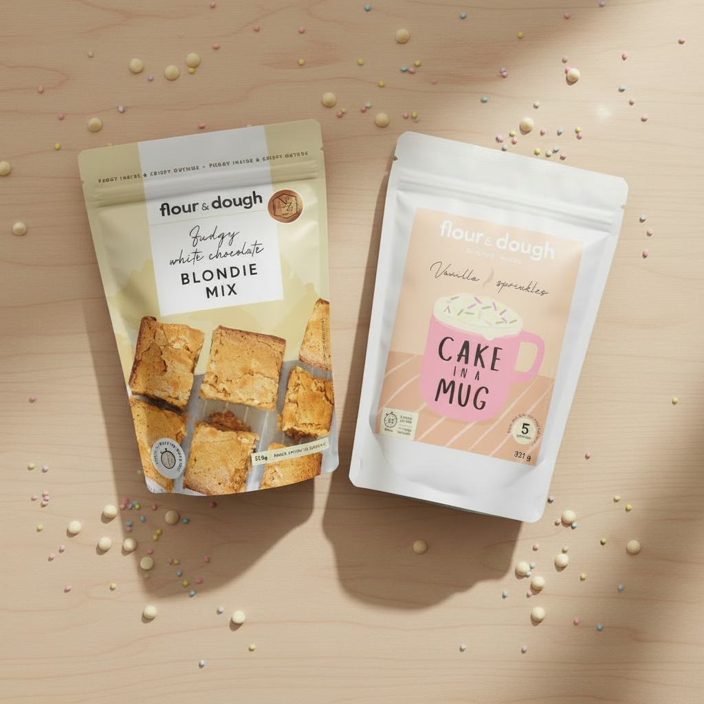 The Little Luxury Bundle - Fudgy White Chocolate Blondie Mix and Cake in a Mug flatlay
